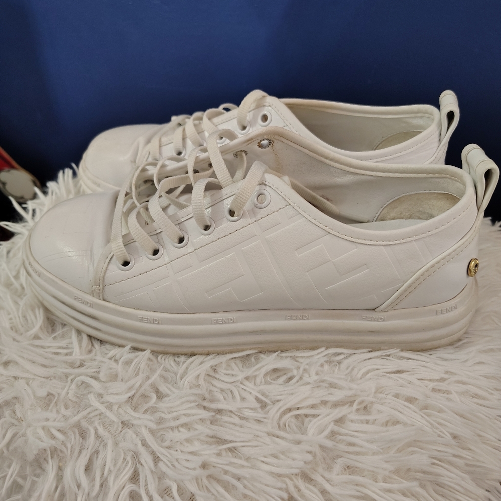 Fendi Rise White Leather Monogram FF Logo Platform Low Top Trainer Sneaker 8.5/9